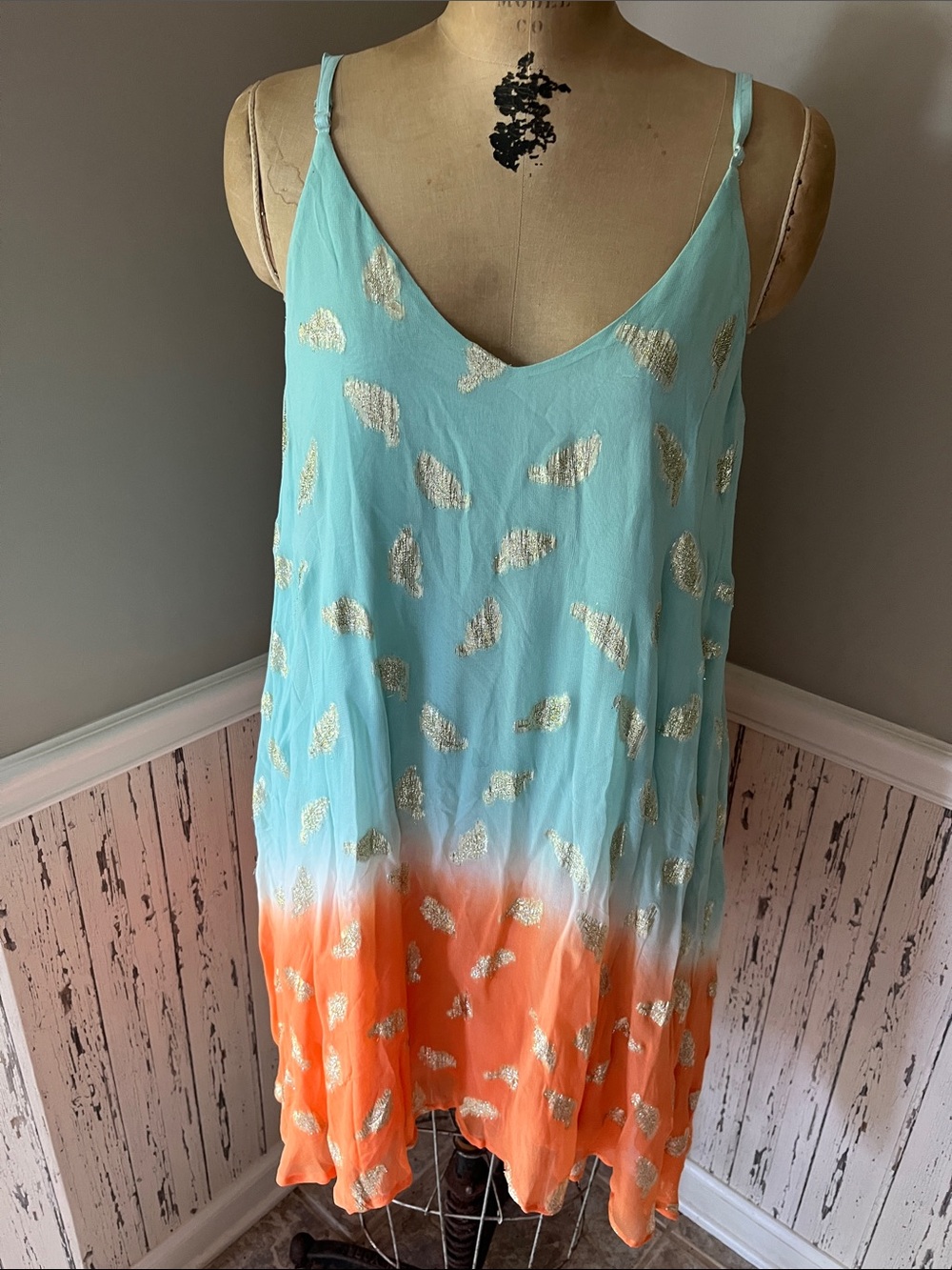 A Rare Bird Light Blue & Orange Metallic Feather Slip Dress S/M